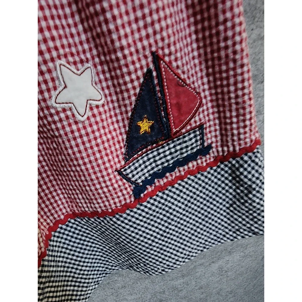Vtg BT Kids Sz 5 Seersucker Red Blue White Dress Patriotic Summer Sailboat Lined